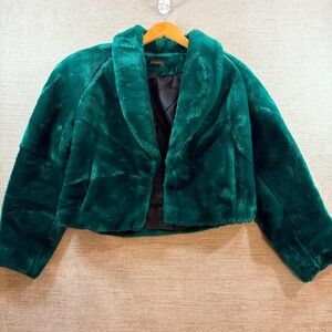 TRUE VINTAGE Emerald Green Faux Fur Jacket Bolero Glam Glamour Made in USA Diva